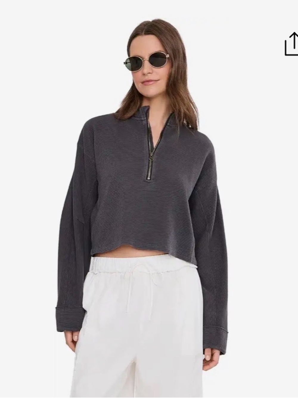 Free People ‘Celeste’ Charcoal Ribbed Zip-Up Hoodie with Brass Zipper - Picture 3 of 5